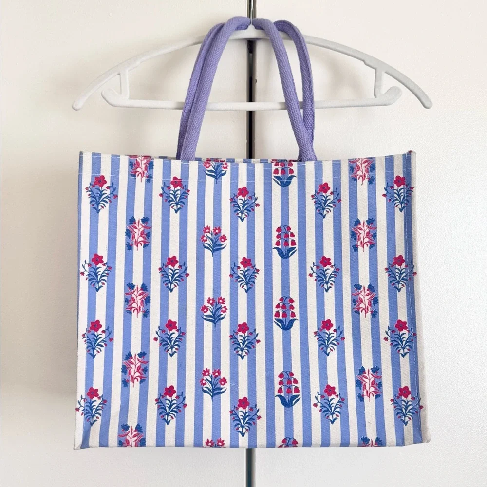 Striped Floral Canvas Tote Bag